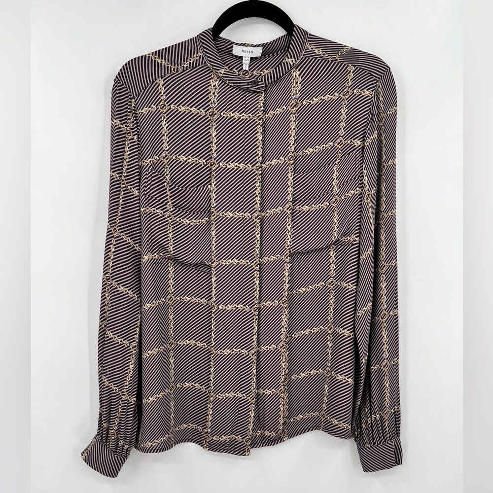 REISS Nyla Chain Link Print Button Down Top Blouse Striped Long Sleeve Size 4 - Picture 5 of 16